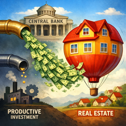 Illustration showing cheap credit flowing into real estate instead of productive investment, causing an asset boom but slower growth.