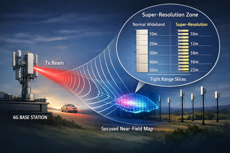 ELAS near-field sensing diagram showing widely spaced receive antennas enabling super-resolution range-angle localization in mmWave ISAC.