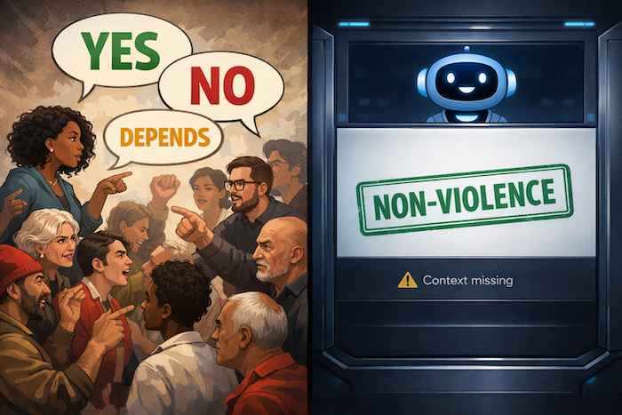 Humans debate the meaning of violence while AI outputs a single confident label.