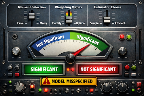 An econometrics control panel showing how weighting and moment choices can change an estimated result under misspecification.