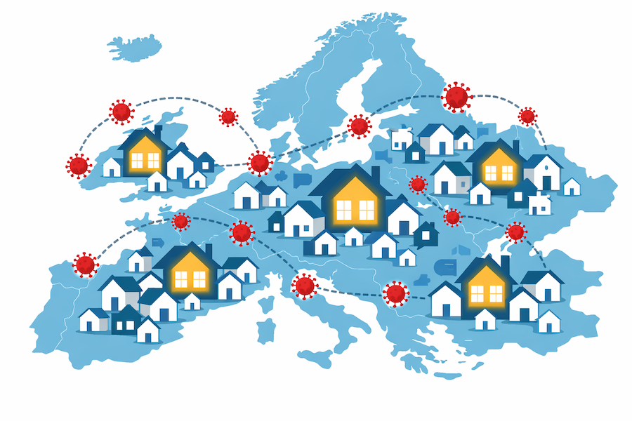 A split-screen illustration: • Left: “Small households” (single/couple icons) with a small flame • Right: “Large households” (family/multigenerational icons) with a bigger flame Caption: “Same virus. Different fuel.”